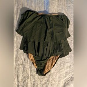 J Crew Strapless Ruffle One Piece Bathing Suit Olive Size 8